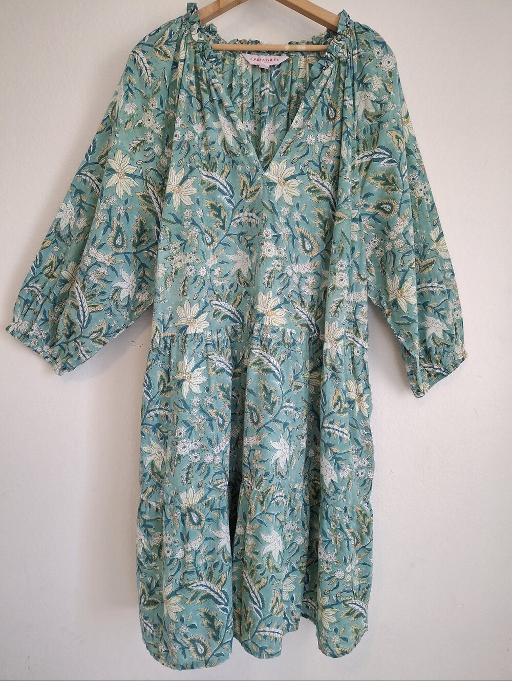 Carla Kiley Boho Floral Block Print Tiered Bishop Sleeve V-neck Dress Size 3XL - Picture 1 of 10